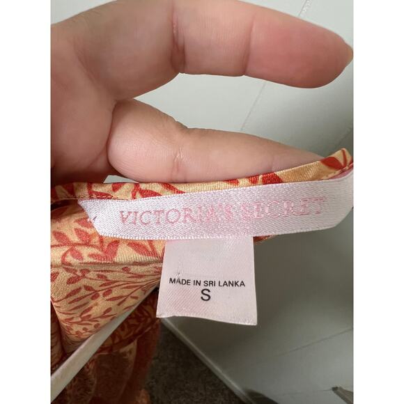 Victorias Secret PJ Set S Tank Top Pants Satin Orange Leaf Vine Pajamas Womens - Picture 7 of 10